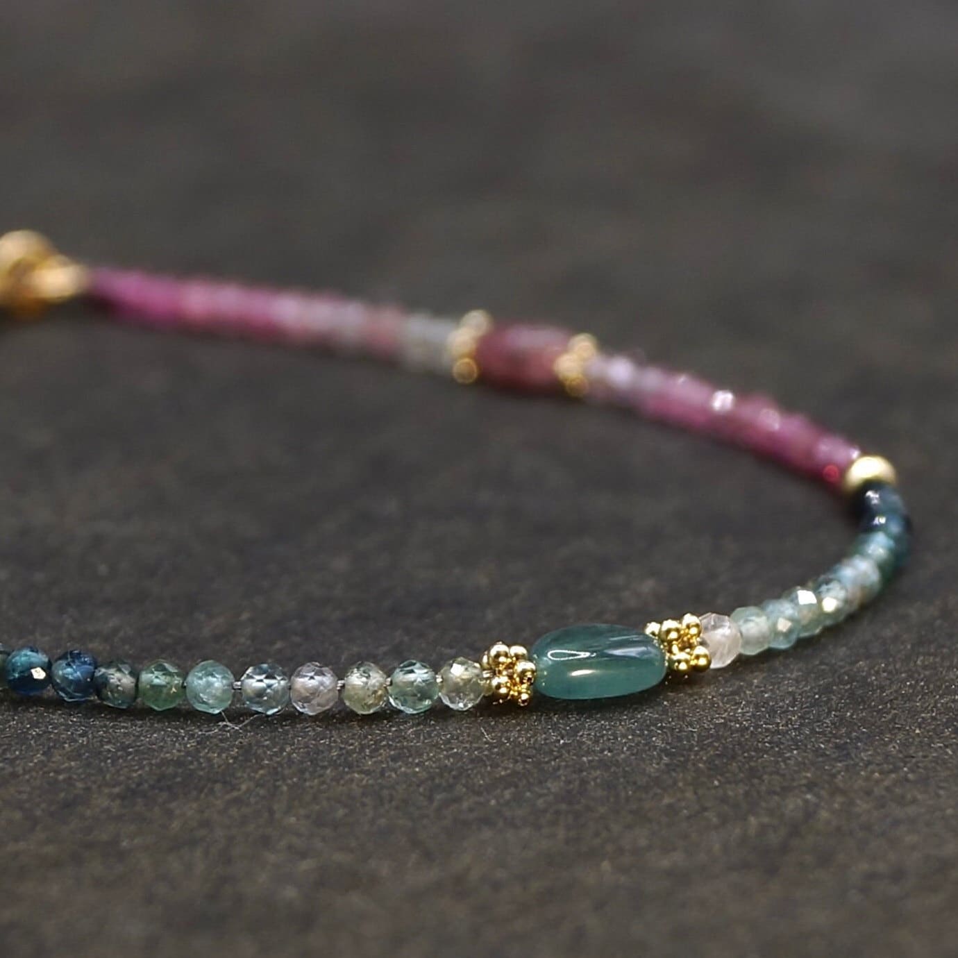 14K Solid Gold: Teal Tourmaline Bead Bracelet, Shaded Pink Blue, Stacking Gemstone Bracelet, Fine Jewelry, Ombre, Chakra, Fine Jewelry