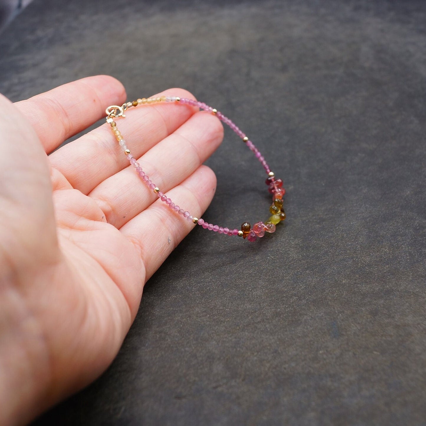 14K Solid Gold: Ombre Pink & Moss Tourmaline Bracelet, Moss Green, Shaded Multicolor Tourmaline, Layered Bracelet, Watermelon, Fine Jewelry