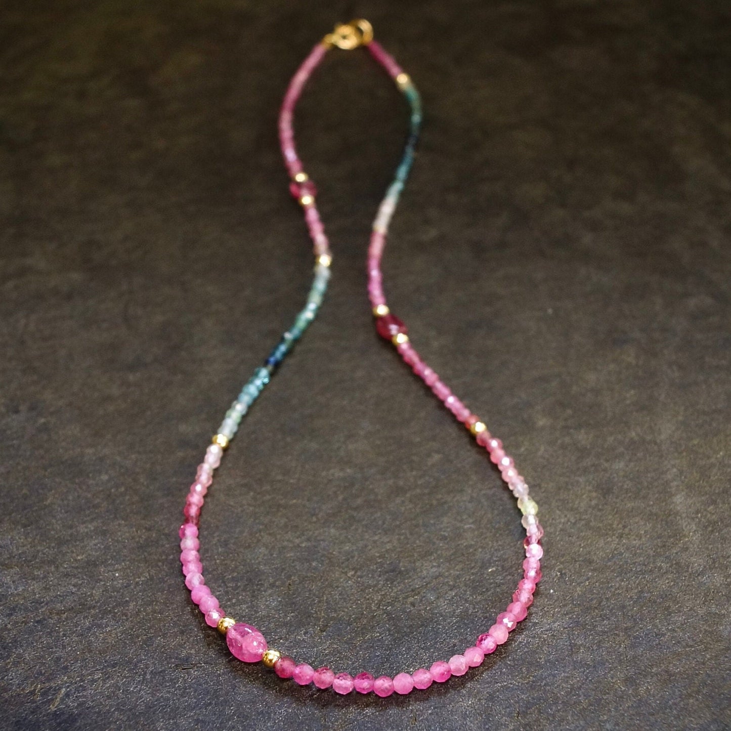 14K:Watermelon Tourmaline Bead Necklace| 2.5mm| Pink Blue Green| Solid Gold| For Her| Spiritual Jewelry