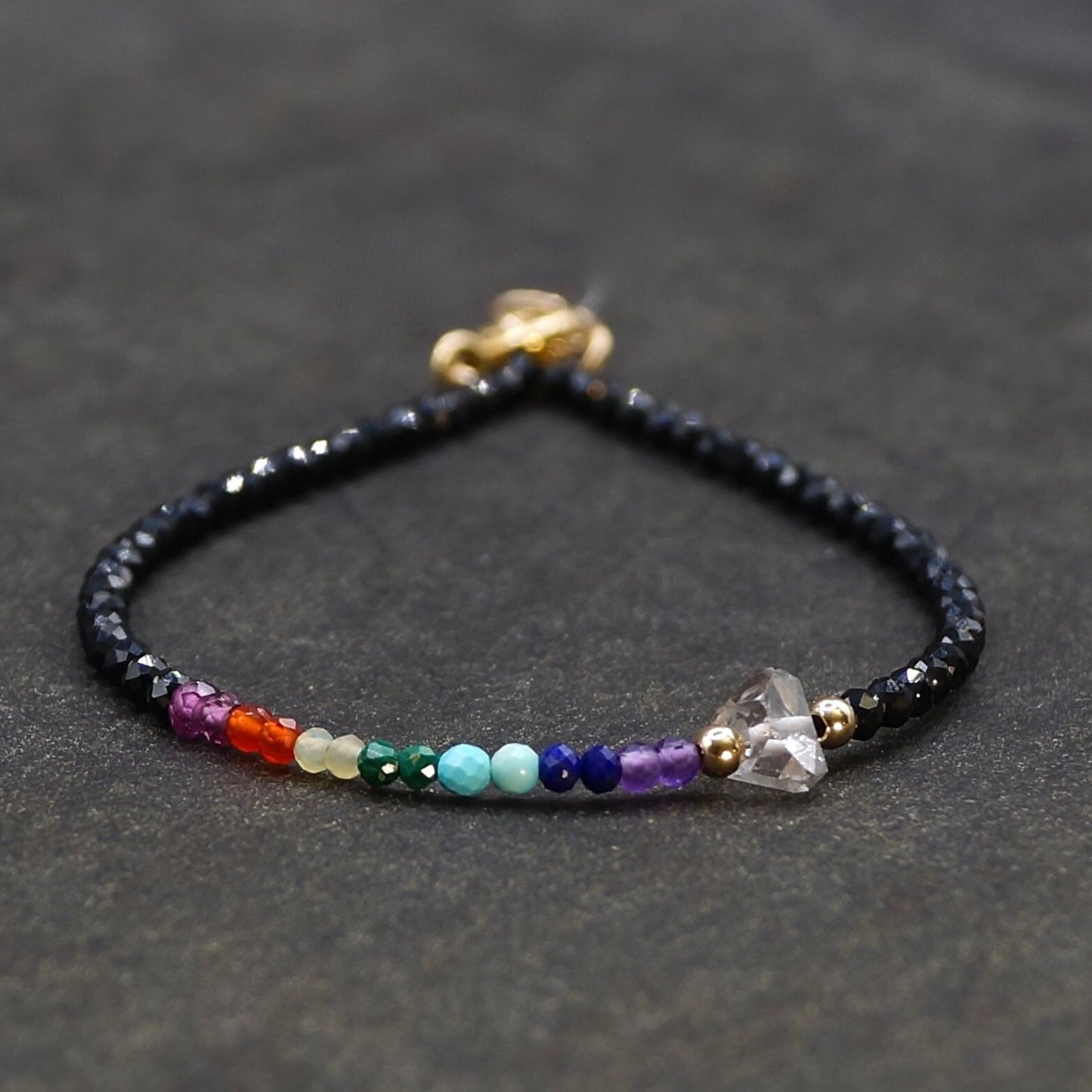 14K Solid Gold: Herkimer 7 Chakra Power Stone Beaded Bracelet, Healing Stone, Layering bracelet, Dainty bracelet, Fine Jewelry