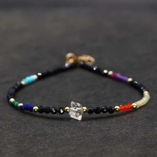 14K Solid Gold: Herkimer 7 Chakra Power Stone Beaded Bracelet, Healing Stone, Layering bracelet, Dainty bracelet, Fine Jewelry