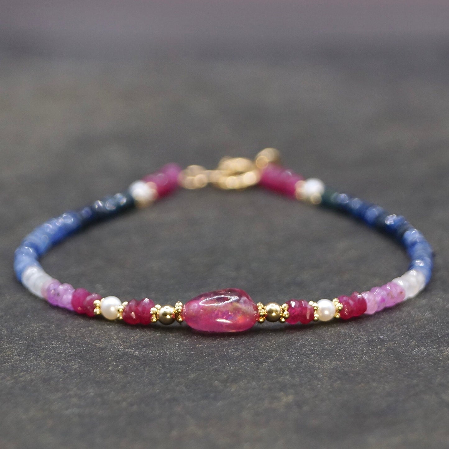 14K Solid Gold: Ombre Ruby and Blue Sapphire Beaded Bracelet, Shaded Precious Stone, Fine Jewelry, Boho, Bohemian, Delicate Skinny