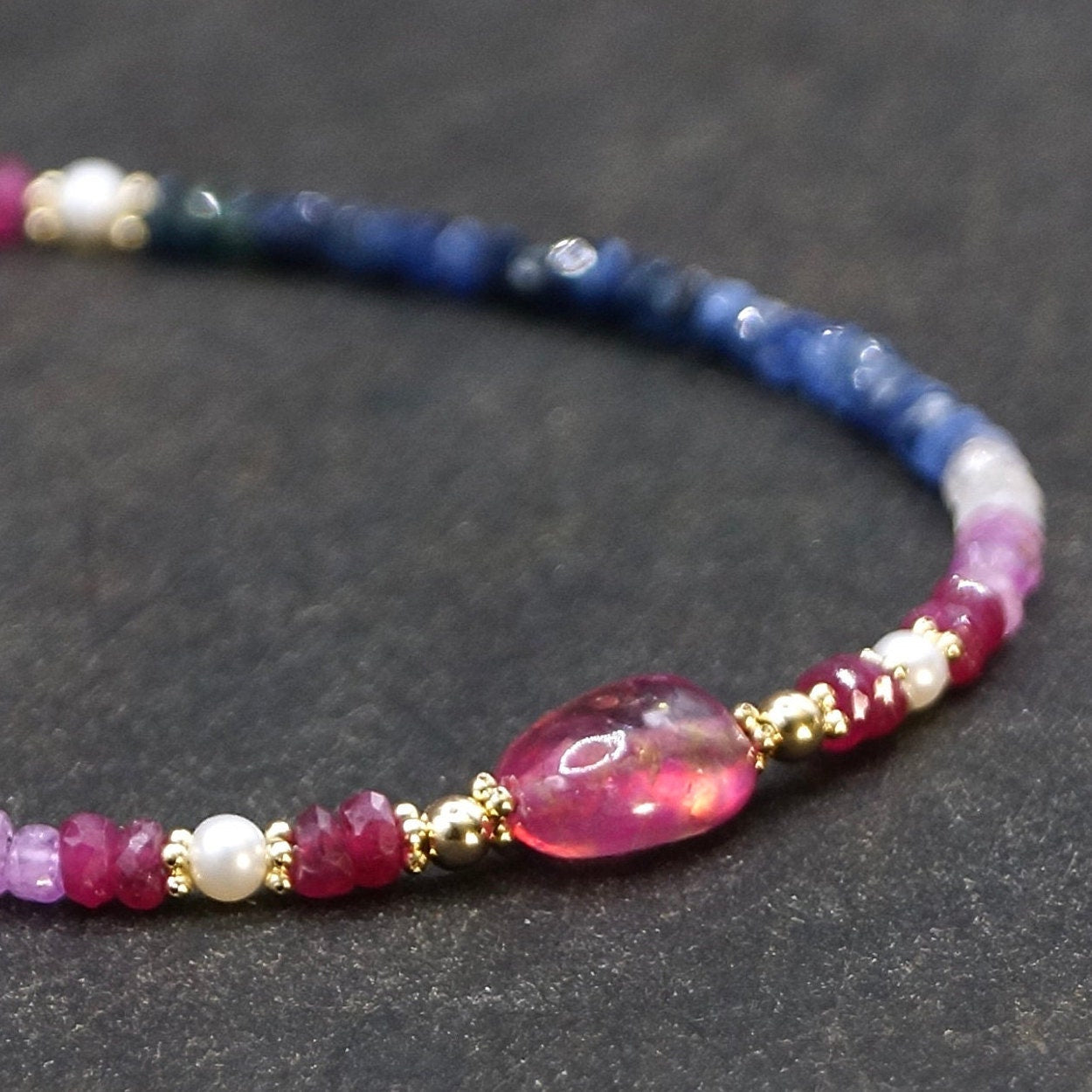 14K Solid Gold: Ombre Ruby and Blue Sapphire Beaded Bracelet, Shaded Precious Stone, Fine Jewelry, Boho, Bohemian, Delicate Skinny