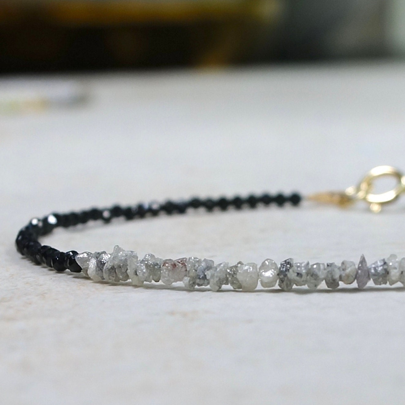 14K Solid Gold| Dainty Raw Grey Diamond Bracelet| Rough Diamonds| April Birthstone| Stacking Bracelet| Boho