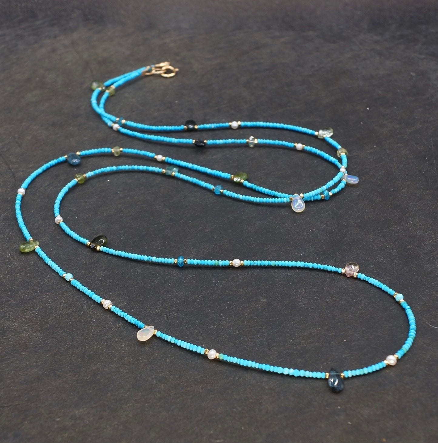 14K Solid Gold and Vermeil: 33" Turquoise Beaded Long Necklace, Skinny Layered Necklace, Fine Jewelry, Seed Beads, Tourmaline, 1.5mm