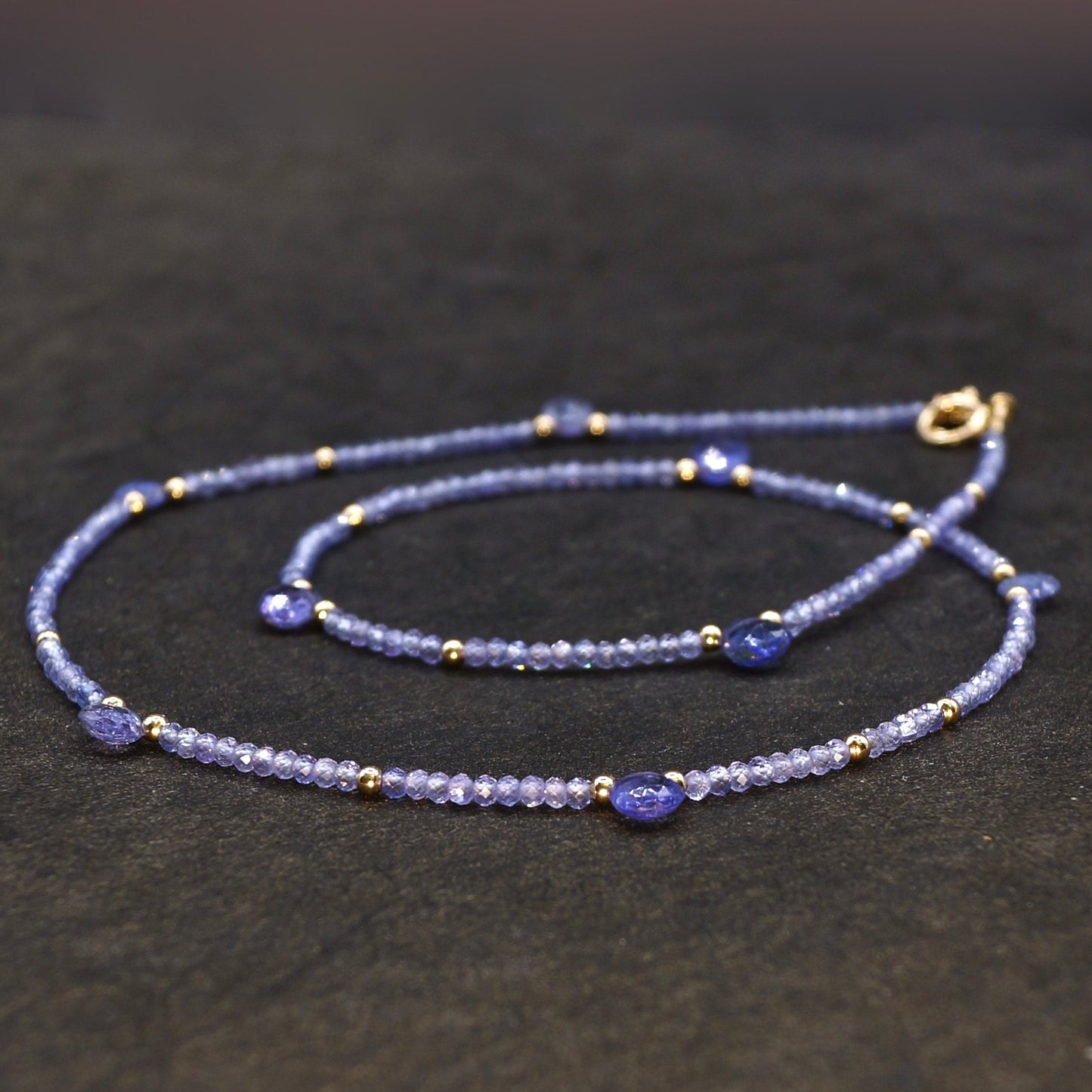 14k Solid Gold: Tanzanite Necklace, September Birthstone, Layered Necklace, Skinny Necklace, Delicate Beaded Gemstone, Fine Jewelry