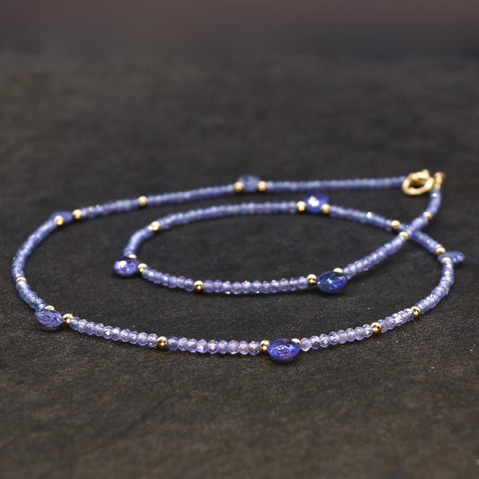 14k Solid Gold: Tanzanite Necklace, September Birthstone, Layered Necklace, Skinny Necklace, Delicate Beaded Gemstone, Fine Jewelry