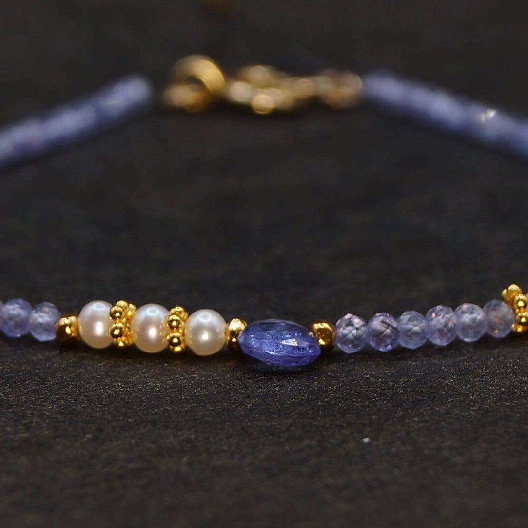 14K Solid Gold and Vermeil | Tanzanite Bead Bracelet | Delicate Skinny Bracelet | Precious Gemstone | Purple| Fine Jewelry