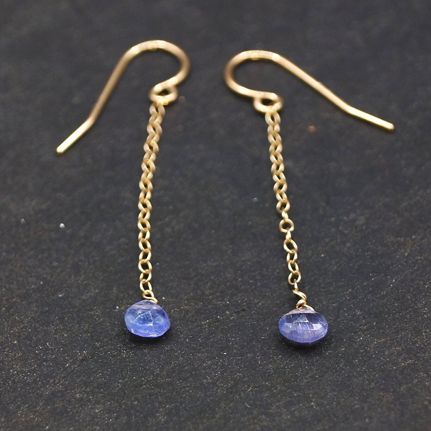 14K Solid Gold: 3mm Tiny Tanzanite Earrings, Royal Blue Crystal, Small Stone Long Earrings, Minimalist Dangle Earrings, Drop Earrings