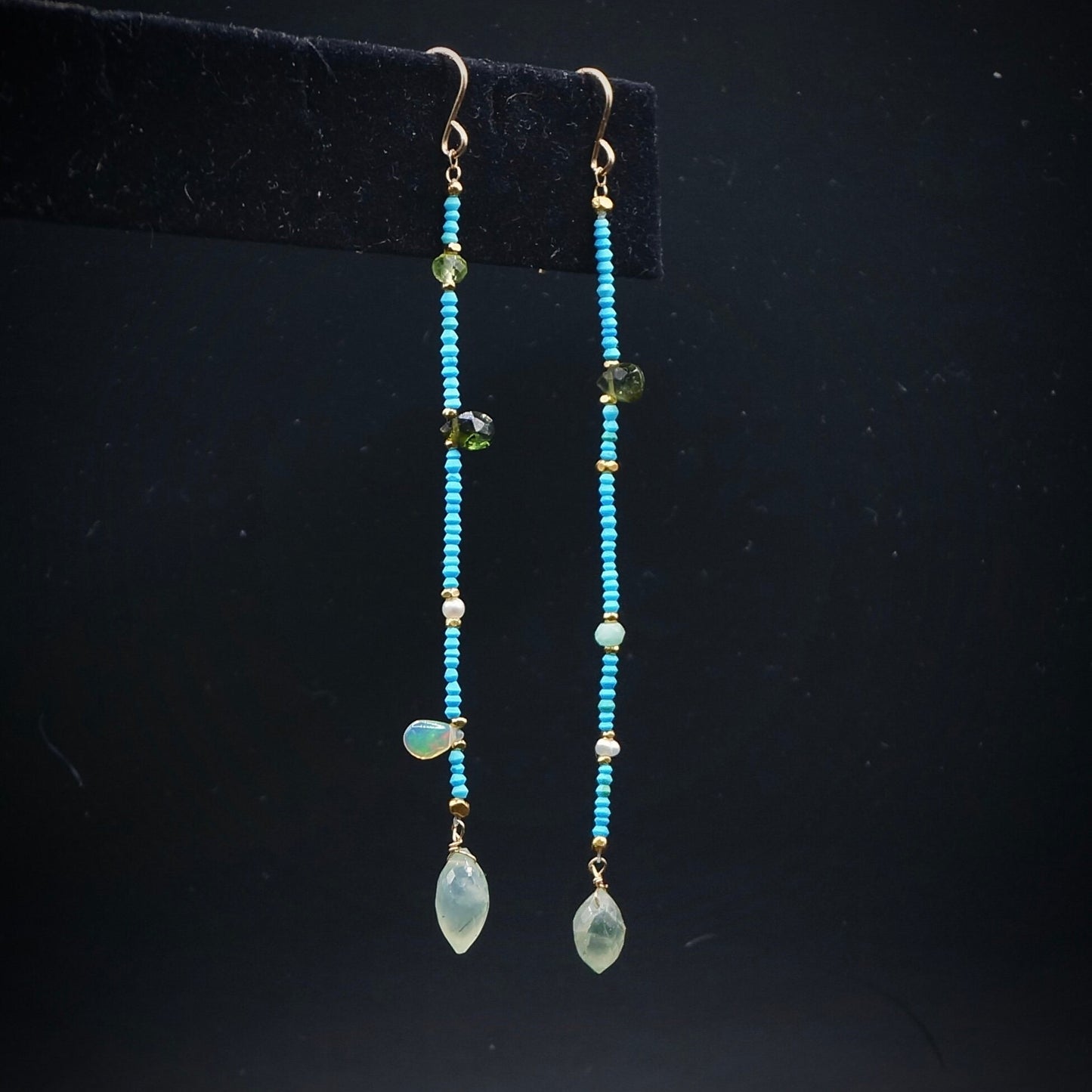 14k Solid Gold and Vermeil: Long Skinny Turquoise Beaded Earrings, Tiny Bead Dangle Earrings, Drop Earring, Boho, Bohemia, Fine Jewelry