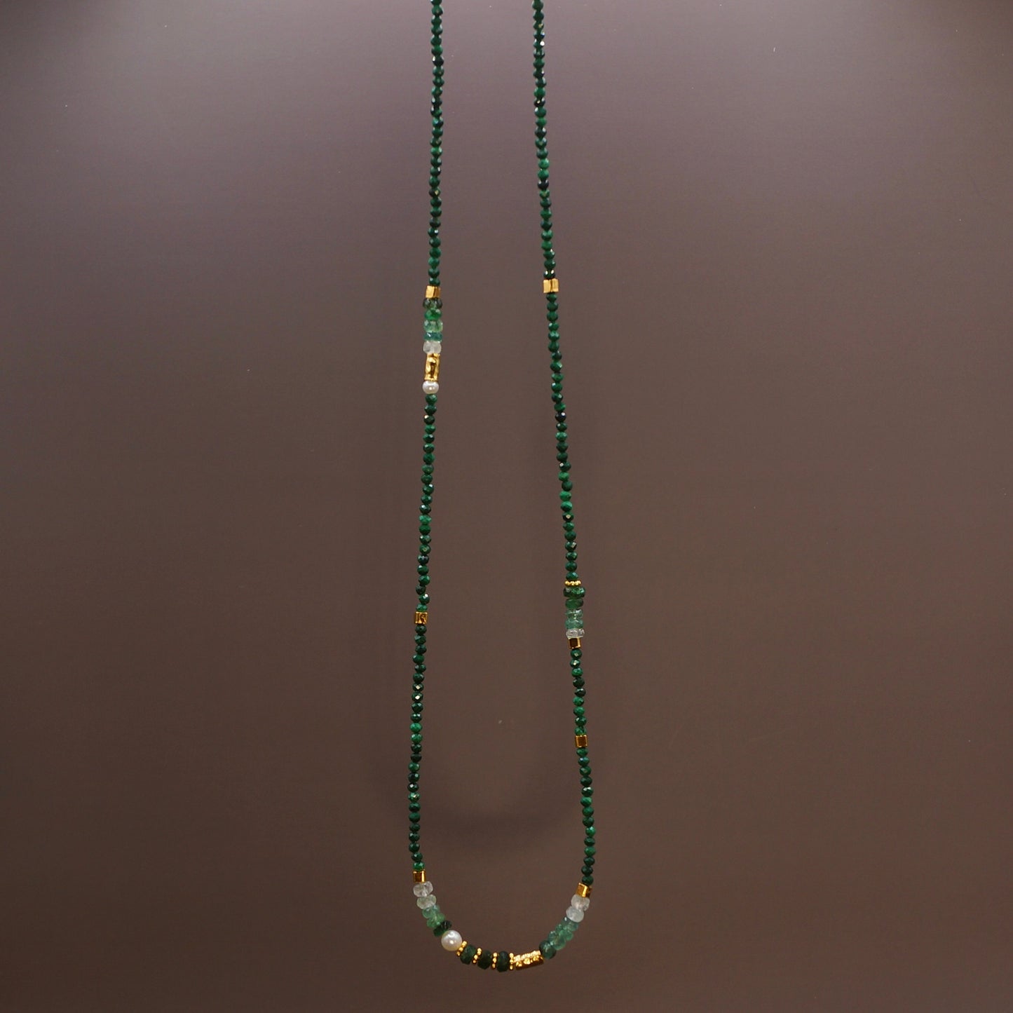 14K Solid Gold and Vermeil: Malachite Beaded Necklace, Ombre Emerald, Shaded Green Gemstone, Boho, Bohemian, Skinny Necklace, Fine Jewelry