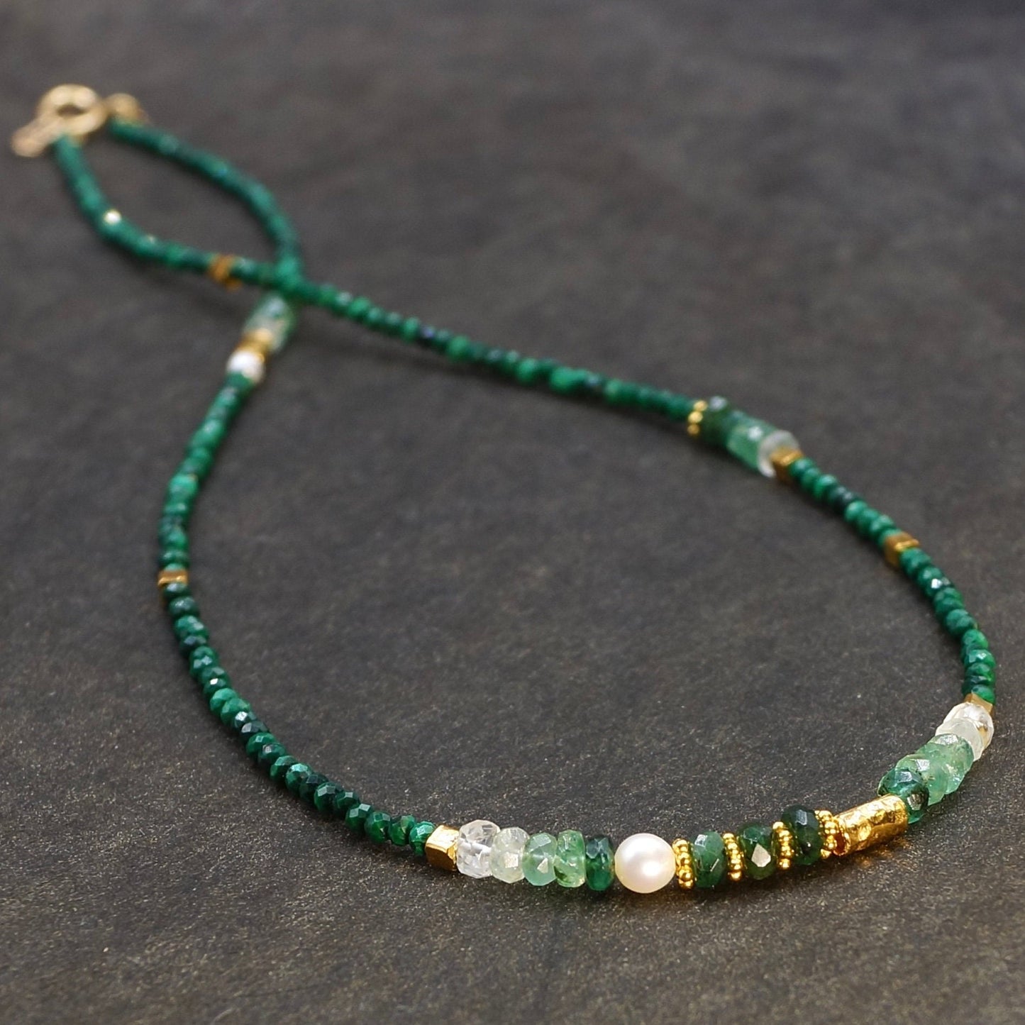 14K Solid Gold and Vermeil: Malachite Beaded Necklace, Ombre Emerald, Shaded Green Gemstone, Boho, Bohemian, Skinny Necklace, Fine Jewelry