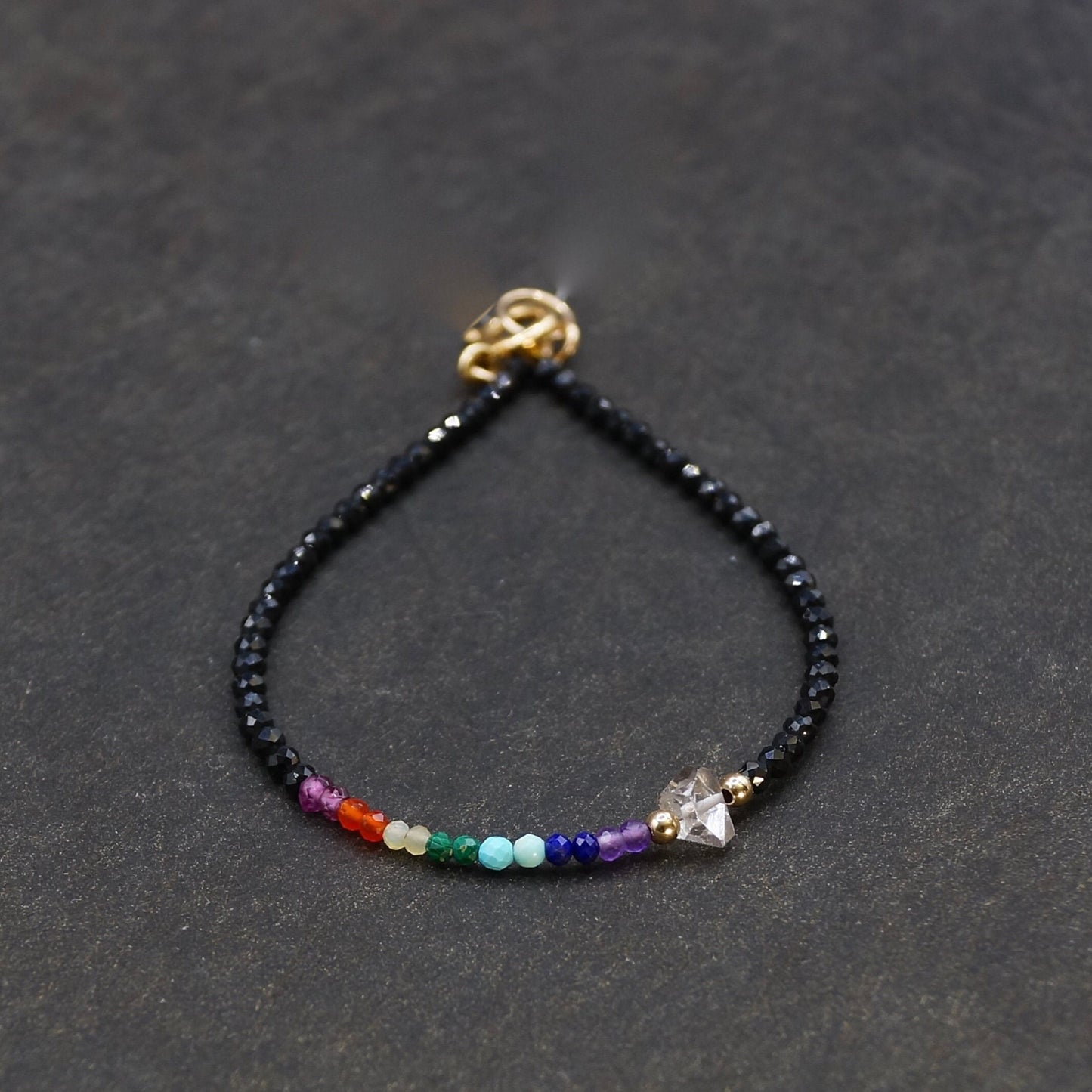 14K Solid Gold: Herkimer 7 Chakra Power Stone Beaded Bracelet, Healing Stone, Layering bracelet, Dainty bracelet, Fine Jewelry