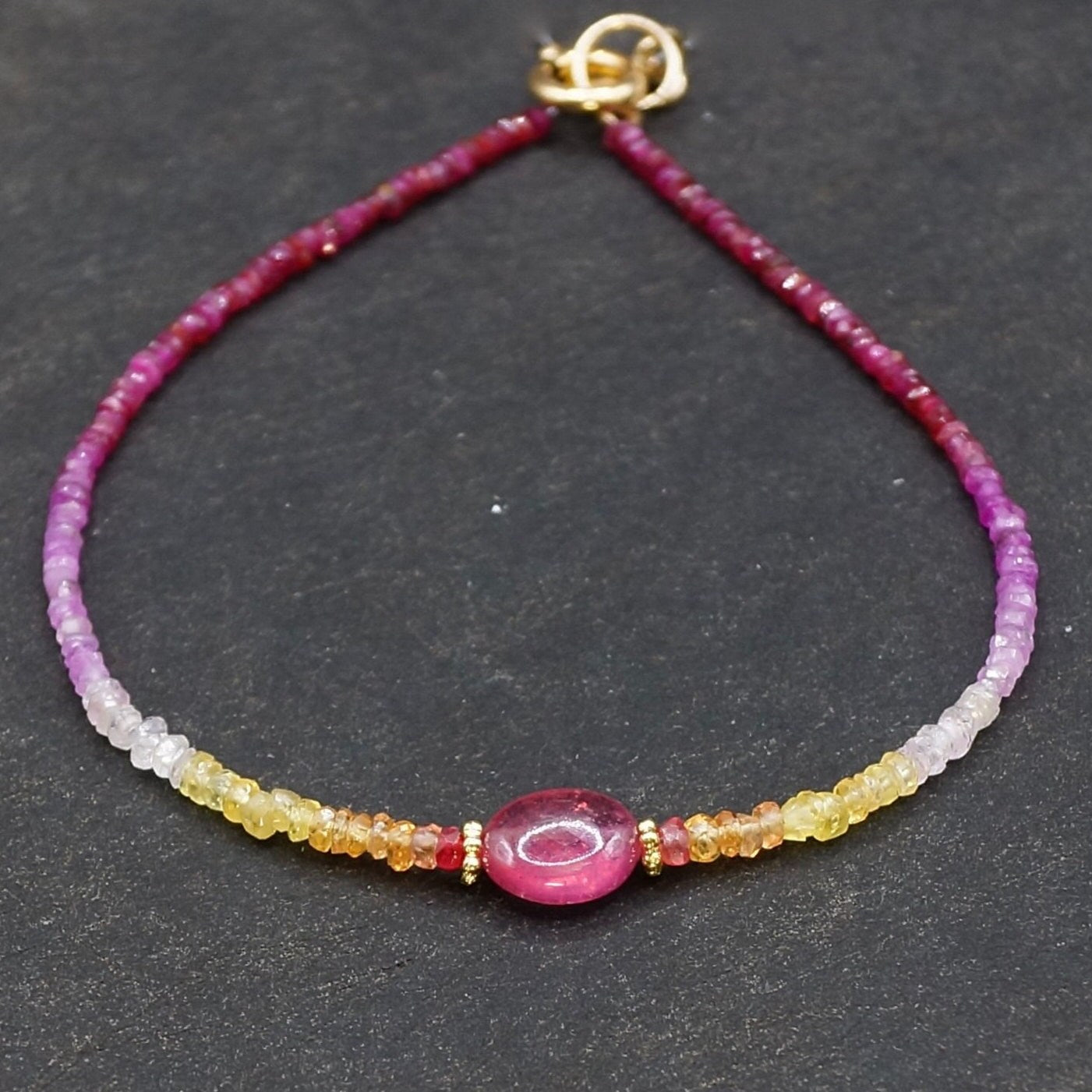 14K Solid Gold: Ombre Ruby and Sapphire Beaded Bracelet, Red Orange Yellow, Shaded Sapphire, Fine Jewelry, Boho, Bohemian, Delicate Skinny