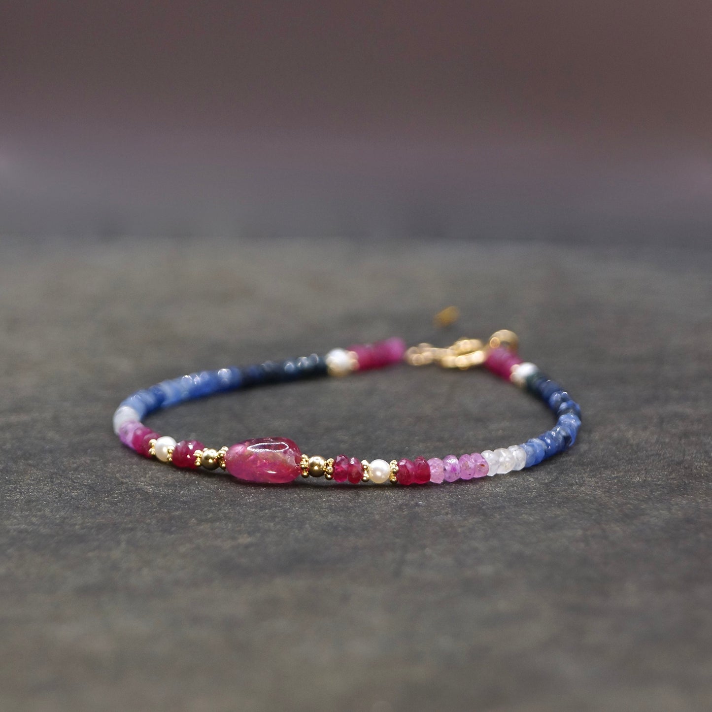 14K Solid Gold: Ombre Ruby and Blue Sapphire Beaded Bracelet, Shaded Precious Stone, Fine Jewelry, Boho, Bohemian, Delicate Skinny