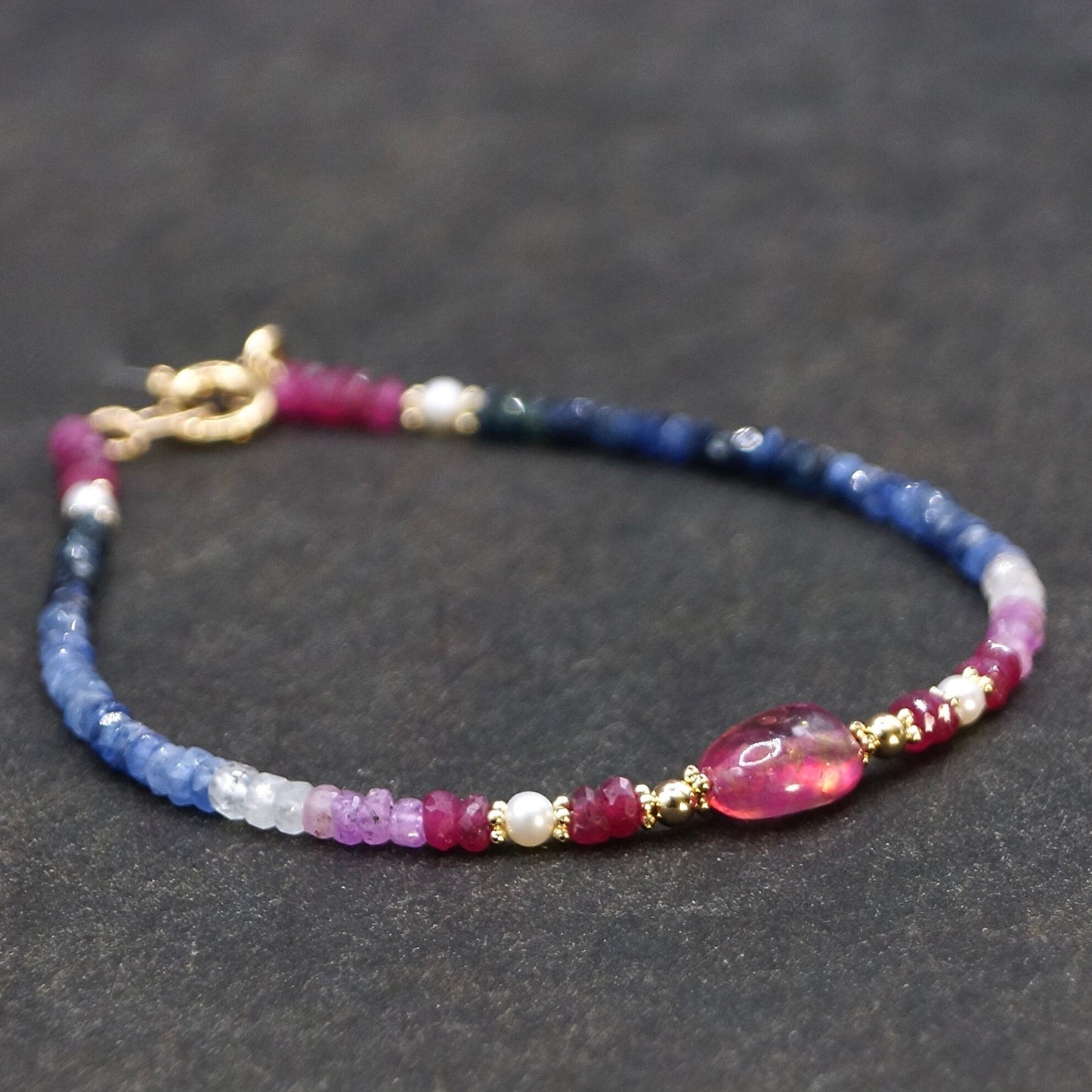 14K Solid Gold: Ombre Ruby and Blue Sapphire Beaded Bracelet, Shaded Precious Stone, Fine Jewelry, Boho, Bohemian, Delicate Skinny