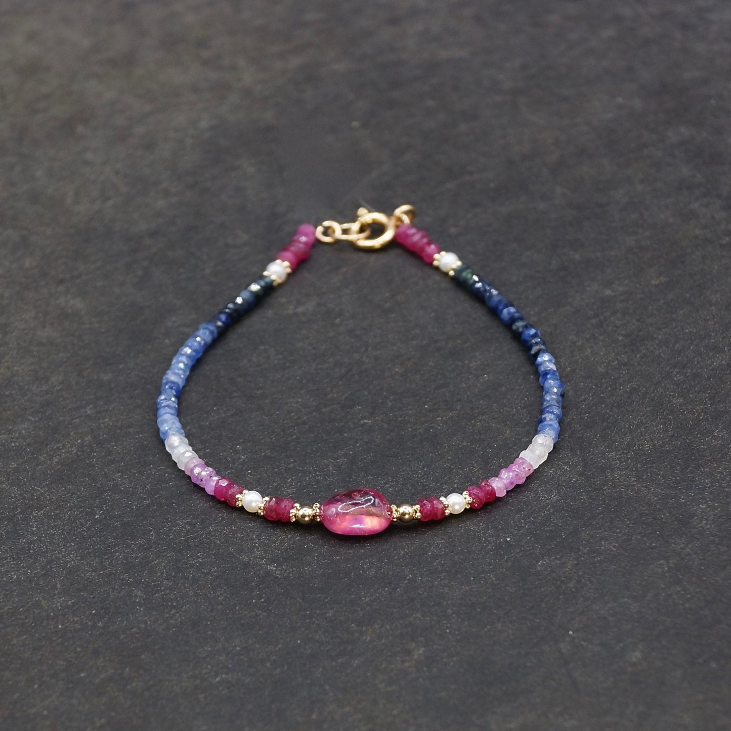 14K Solid Gold: Ombre Ruby and Blue Sapphire Beaded Bracelet, Shaded Precious Stone, Fine Jewelry, Boho, Bohemian, Delicate Skinny