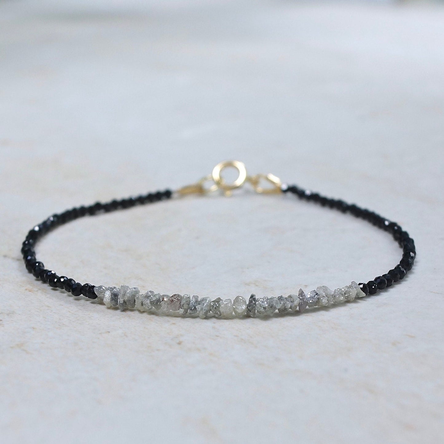 14K Solid Gold| Dainty Raw Grey Diamond Bracelet| Rough Diamonds| April Birthstone| Stacking Bracelet| Boho