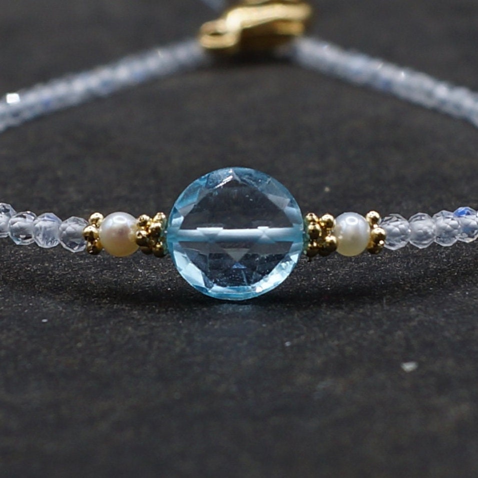 14K Solid Gold: Blue Topaz Bracelet, Rainbow Moonstone Bead Bracelet, Delicate, Fine Jewelry