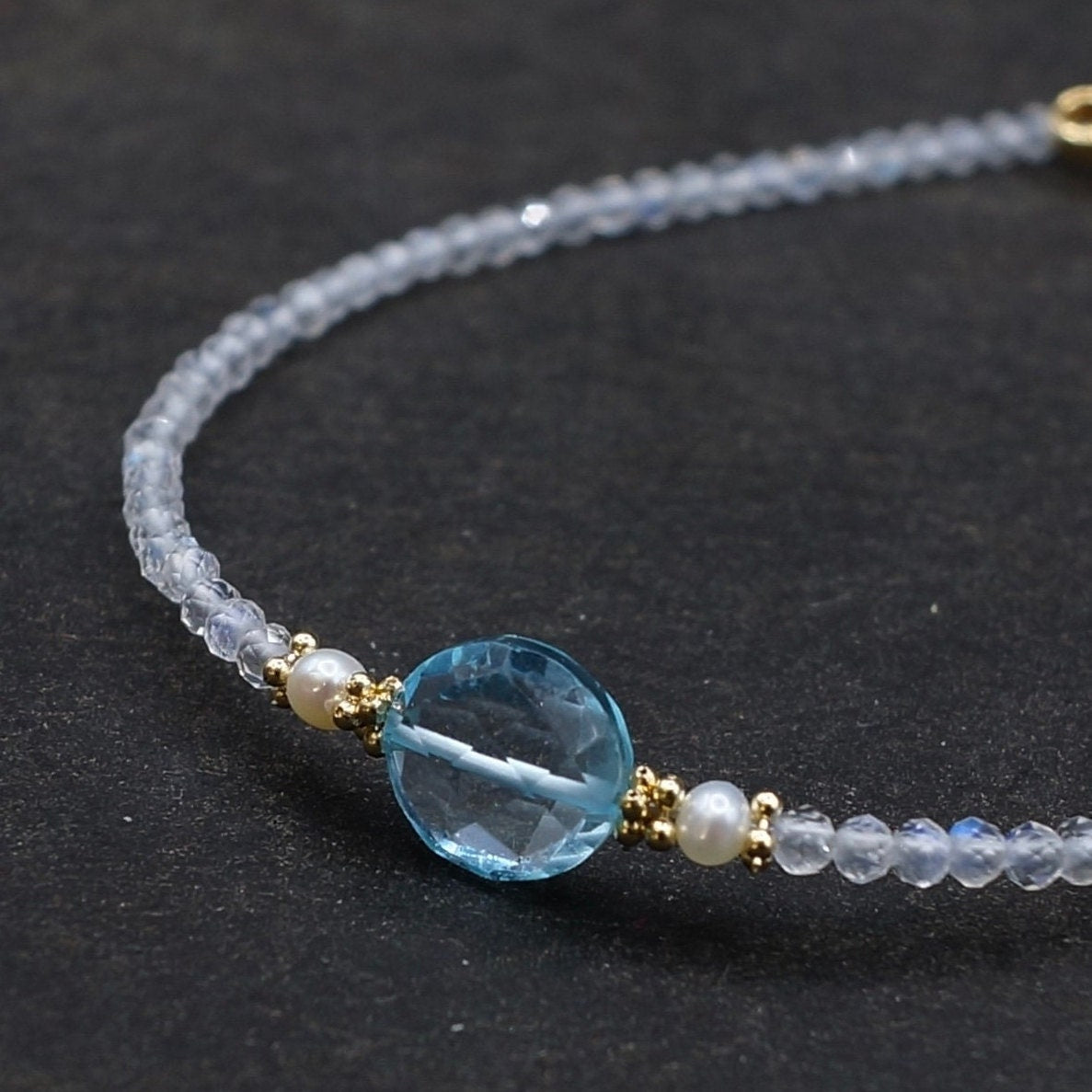 14K Solid Gold: Blue Topaz Bracelet, Rainbow Moonstone Bead Bracelet, Delicate, Fine Jewelry