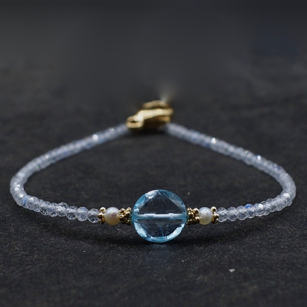 14K Solid Gold: Blue Topaz Bracelet, Rainbow Moonstone Bead Bracelet, Delicate, Fine Jewelry