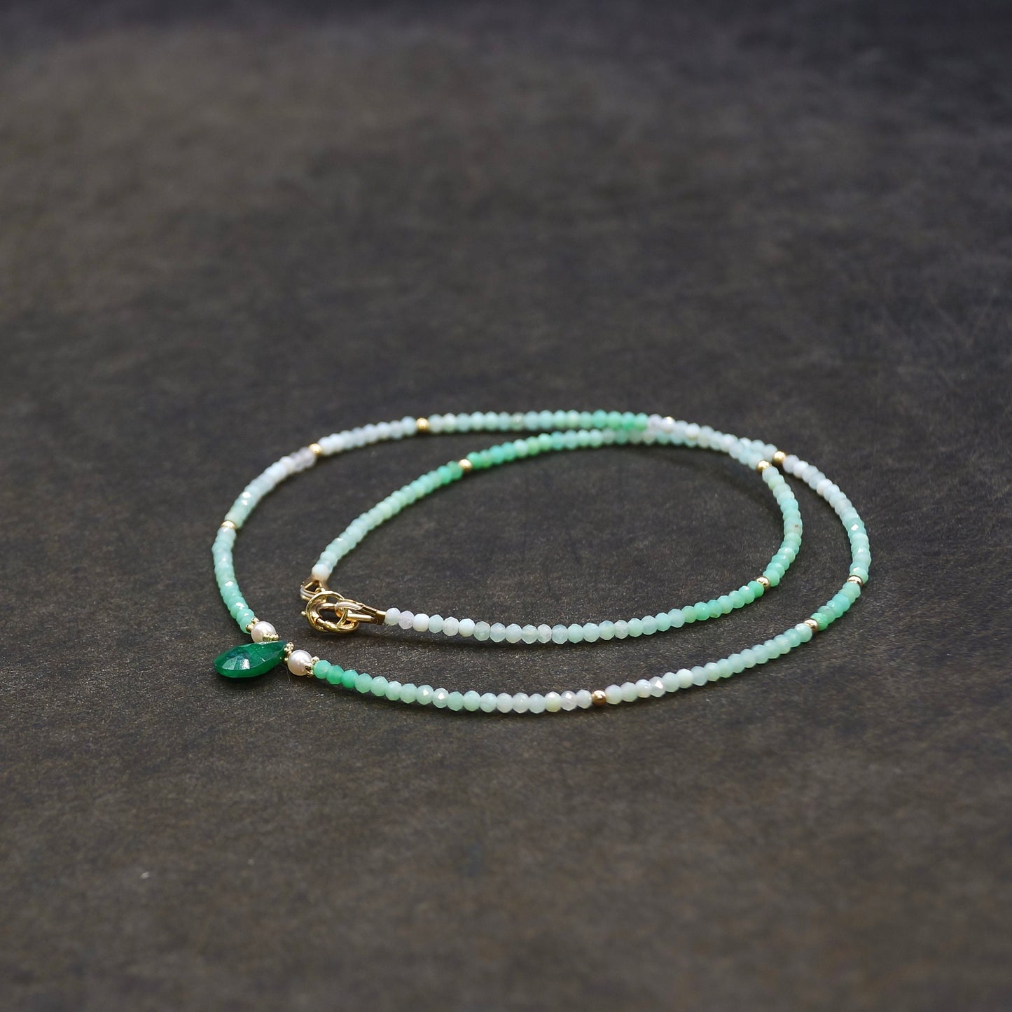 14K Solid Gold: Emerald Green Ombre Necklace, Layered Necklace, Skinny Shaded Necklace Choker, Fine Jewelry, May Birthstone, Chrysoprase