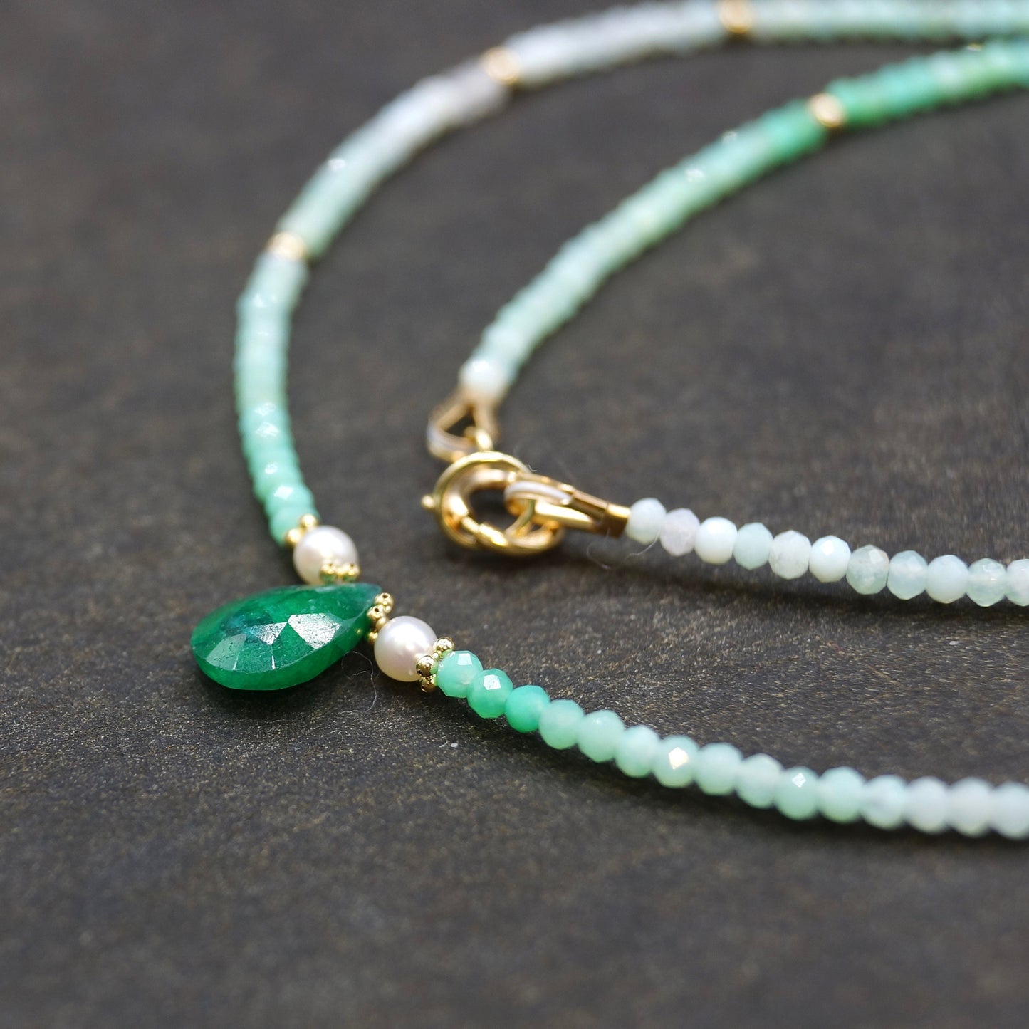 14K Solid Gold: Emerald Green Ombre Necklace, Layered Necklace, Skinny Shaded Necklace Choker, Fine Jewelry, May Birthstone, Chrysoprase