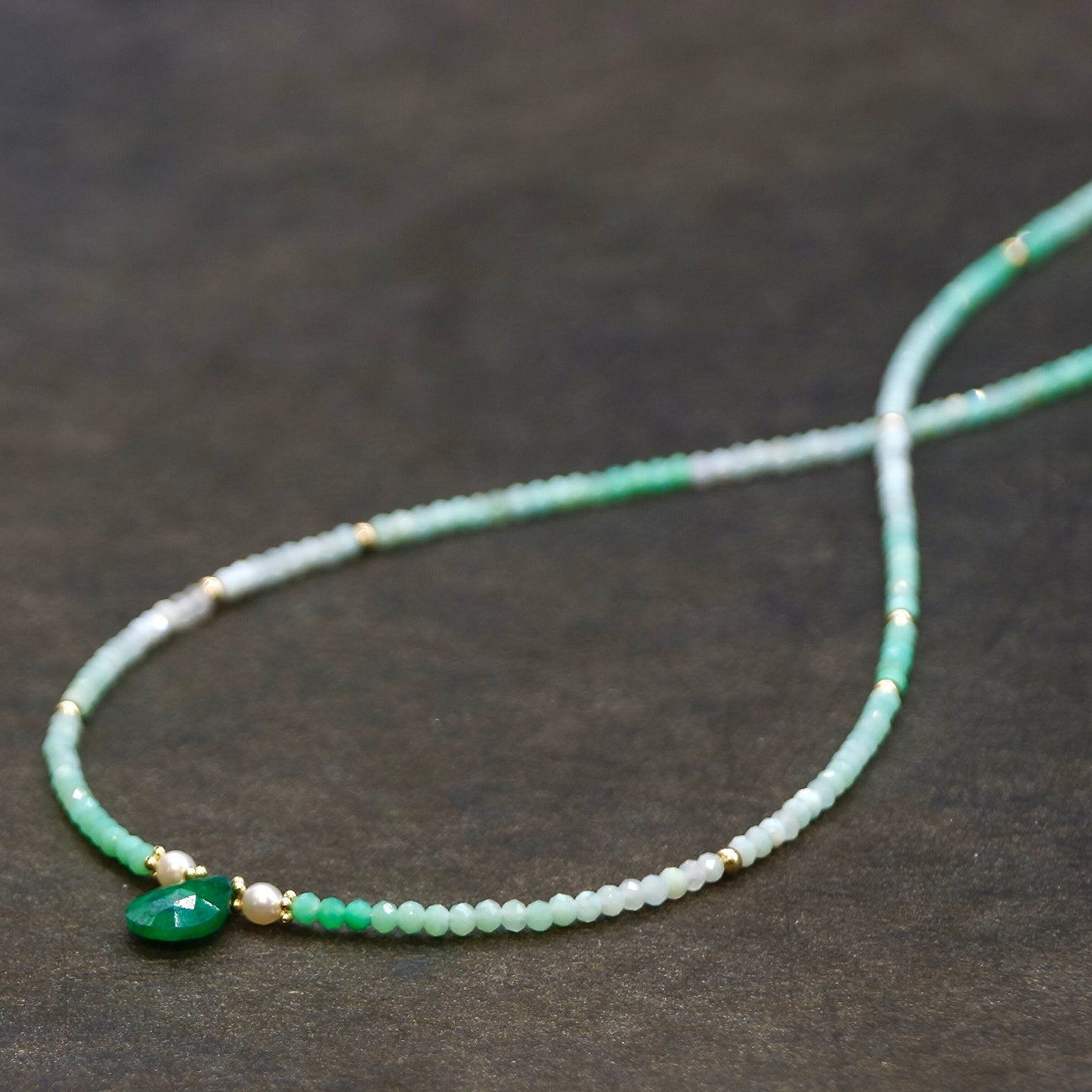 14K Solid Gold: Emerald Green Ombre Necklace, Layered Necklace, Skinny Shaded Necklace Choker, Fine Jewelry, May Birthstone, Chrysoprase