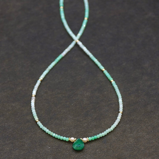 14K Solid Gold: Emerald Green Ombre Necklace, Layered Necklace, Skinny Shaded Necklace Choker, Fine Jewelry, May Birthstone, Chrysoprase