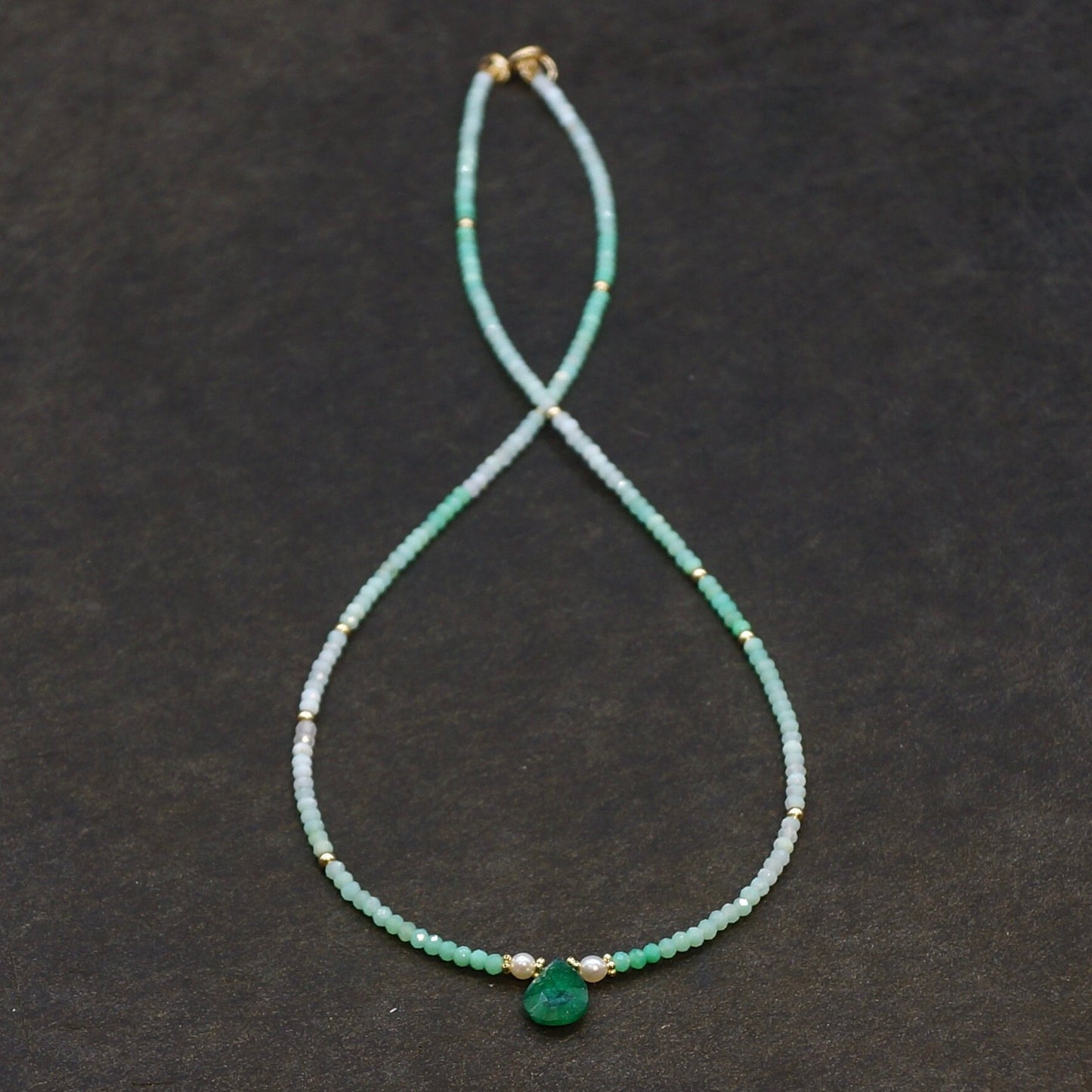 14K Solid Gold: Emerald Green Ombre Necklace, Layered Necklace, Skinny Shaded Necklace Choker, Fine Jewelry, May Birthstone, Chrysoprase