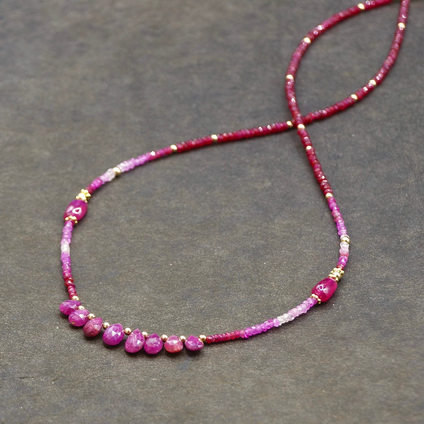 14k Solid Gold: Shaded Ruby Necklace, October Birthstone, Layered Necklace, Ombre Red Ruby, Ultra Skinny Necklace, Delicate Beaded Gemstone