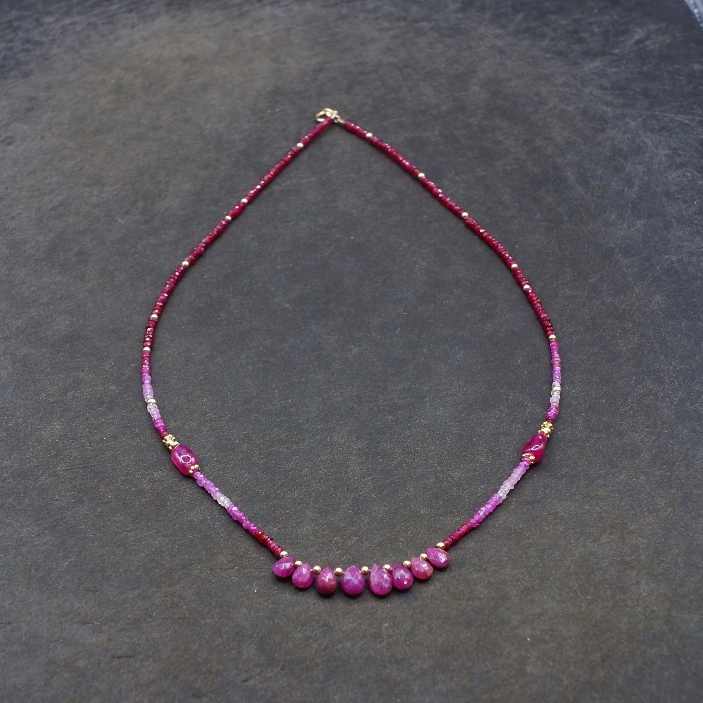 14k Solid Gold: Shaded Ruby Necklace, October Birthstone, Layered Necklace, Ombre Red Ruby, Ultra Skinny Necklace, Delicate Beaded Gemstone