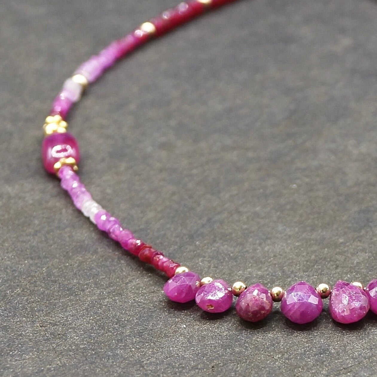 14k Solid Gold: Shaded Ruby Necklace, October Birthstone, Layered Necklace, Ombre Red Ruby, Ultra Skinny Necklace, Delicate Beaded Gemstone