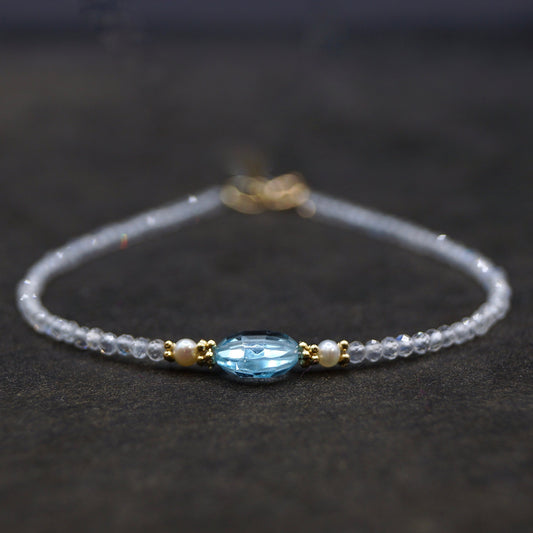 14K Solid Gold: Blue Topaz Bracelet, Rainbow Moonstone Bead Bracelet, Delicate, Fine Jewelry