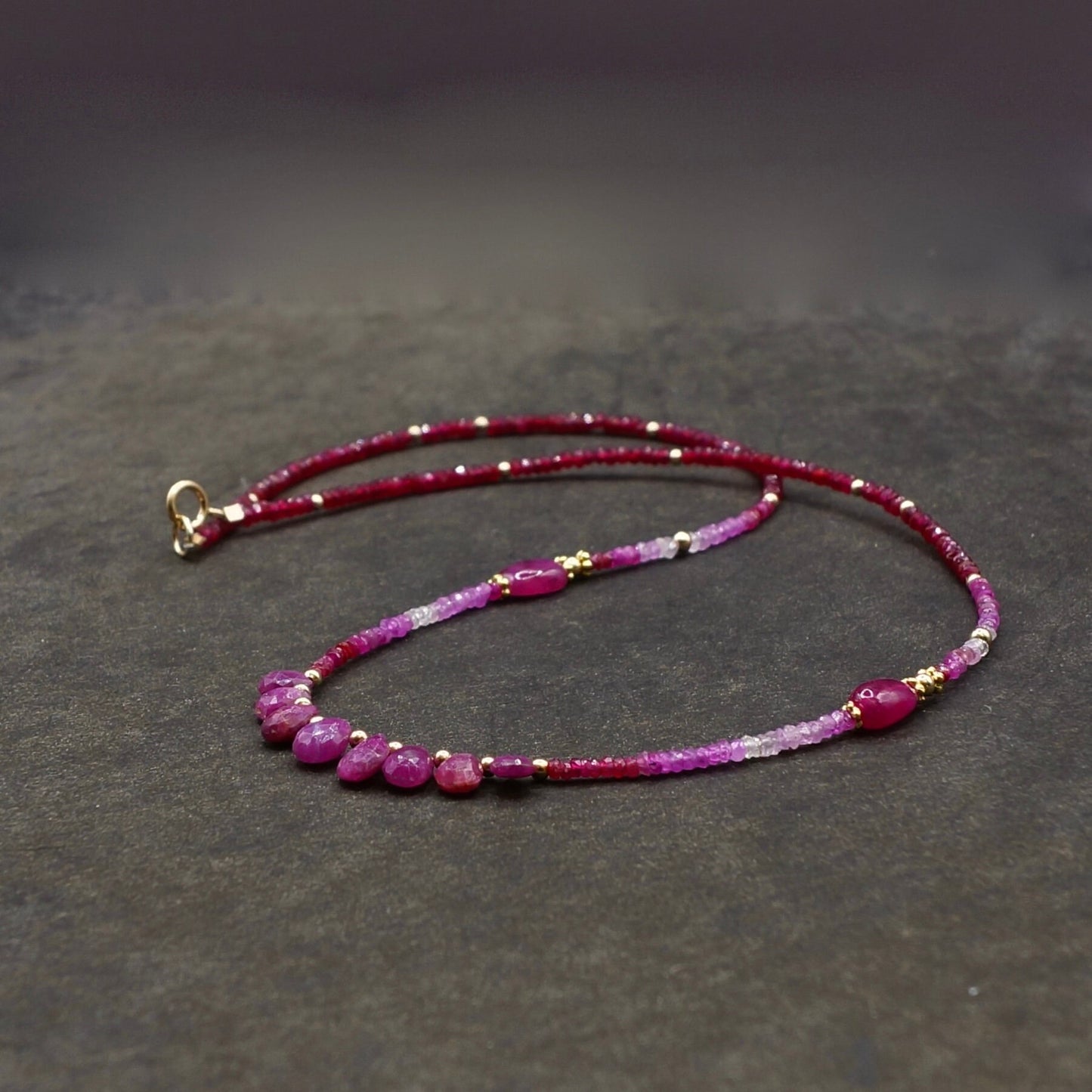 14k Solid Gold: Shaded Ruby Necklace, October Birthstone, Layered Necklace, Ombre Red Ruby, Ultra Skinny Necklace, Delicate Beaded Gemstone