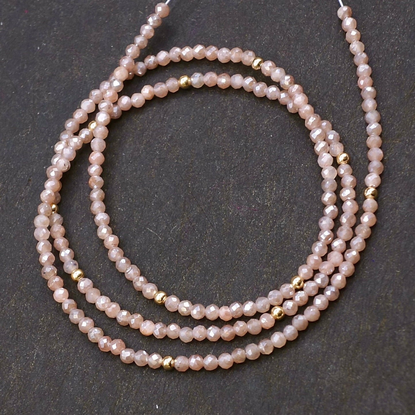 14K Solid Gold: Peach Moonstone Beaded Necklace, Chakra Necklace, Fine Jewelry, Layered Necklace, Skinny Necklace, Pink Gemstone