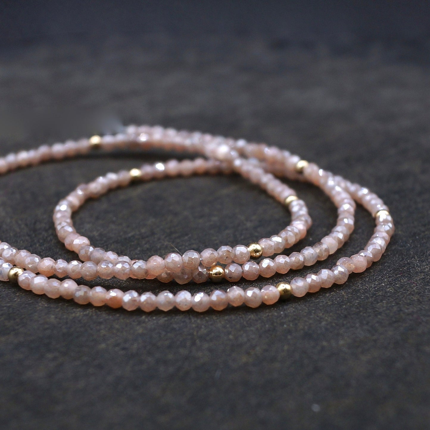 14K Solid Gold: Peach Moonstone Beaded Necklace, Chakra Necklace, Fine Jewelry, Layered Necklace, Skinny Necklace, Pink Gemstone