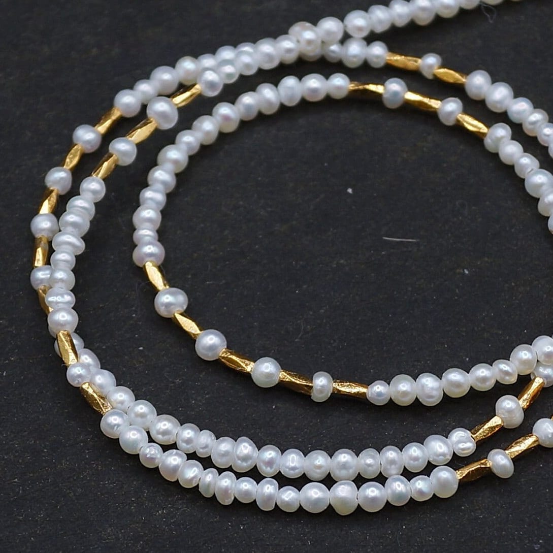 14K Solid Gold and Vermeil: Freshwater Pearl Beaded Necklace, Fine Jewelry, 2.5mm, Small Natural Pearl Necklace