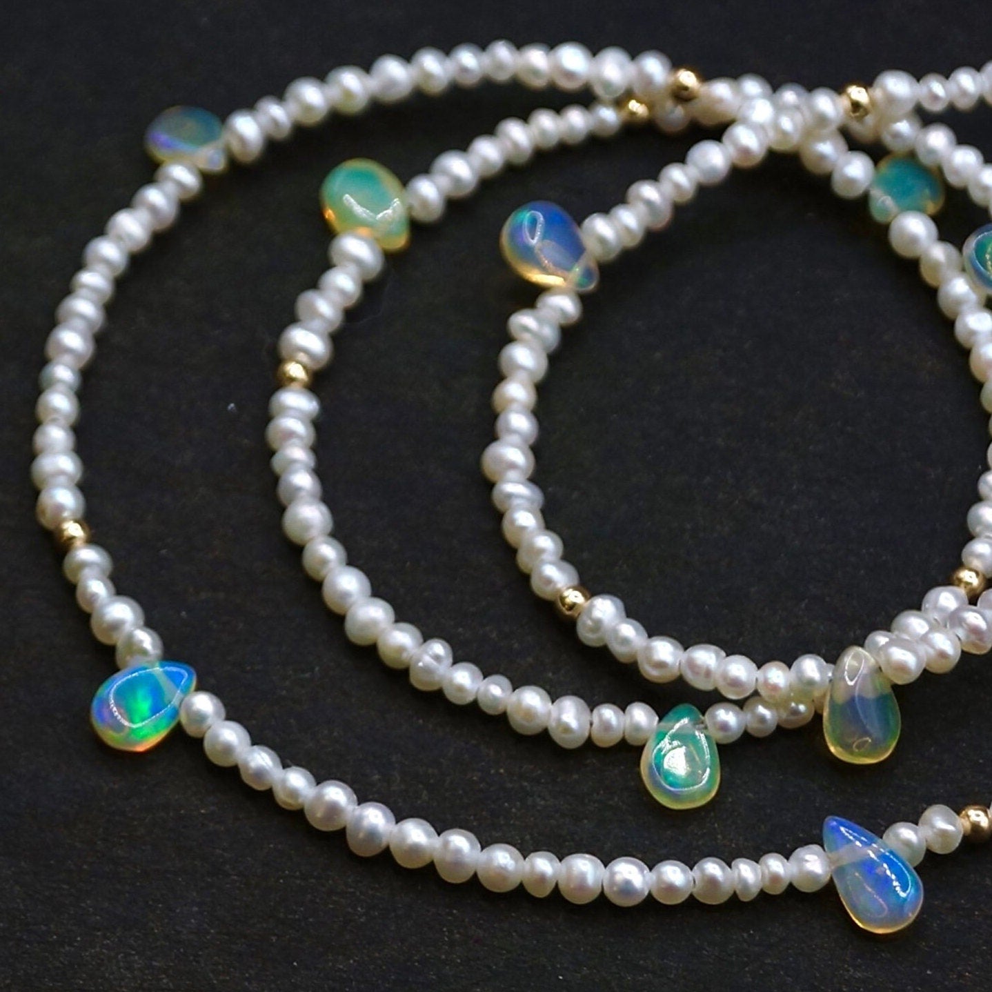 14K Solid Gold: Opal & Natural Pearl Beaded Necklace| Fine Jewelry, 2.5mm, Small Natural Pearl Necklace