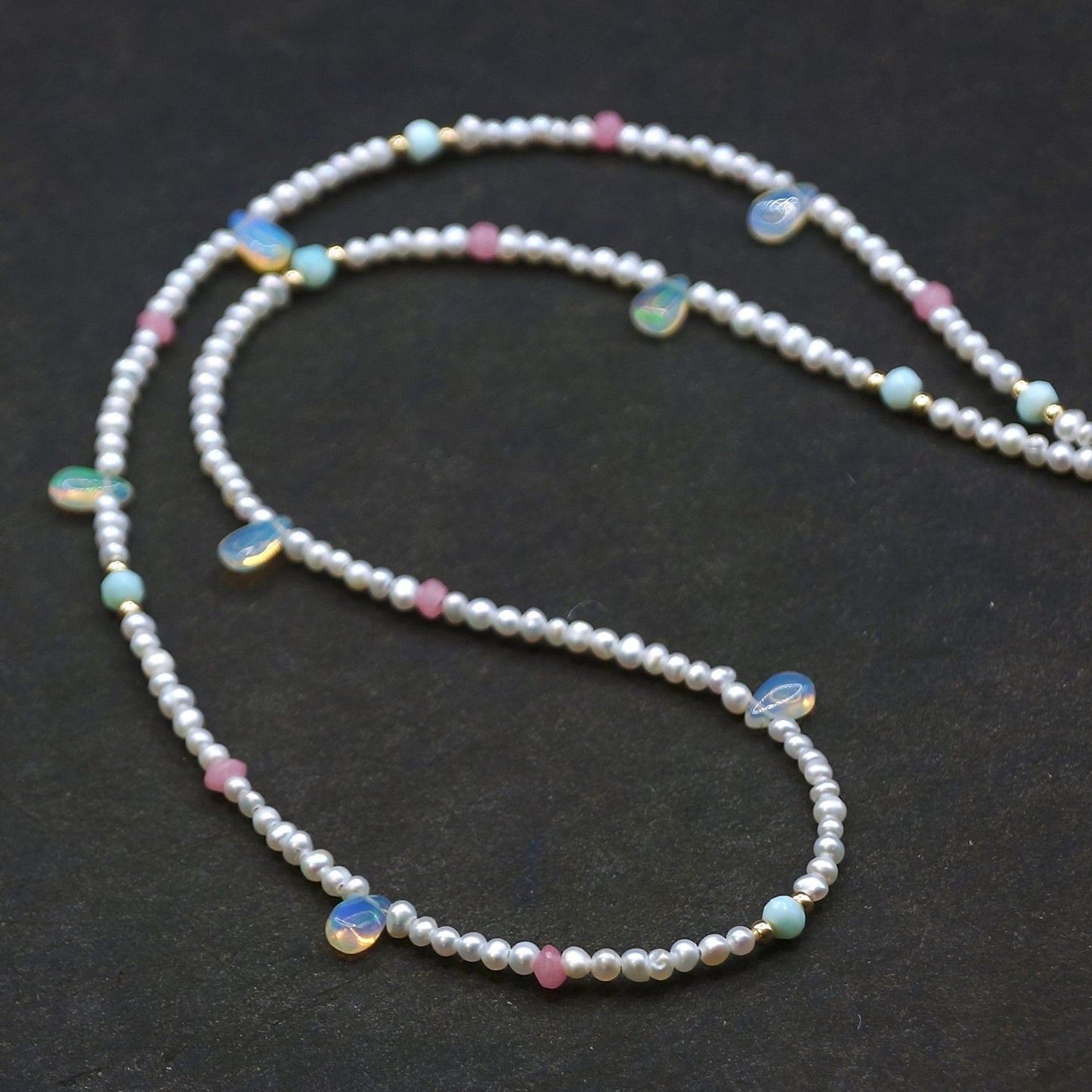 14K Solid Gold: Natural Pearl & Opal Bead Necklace| Rainbow Opals| Fine Jewelry| 2.5mm| Pastel Colors| Blue Pink Green| Bridal Necklace