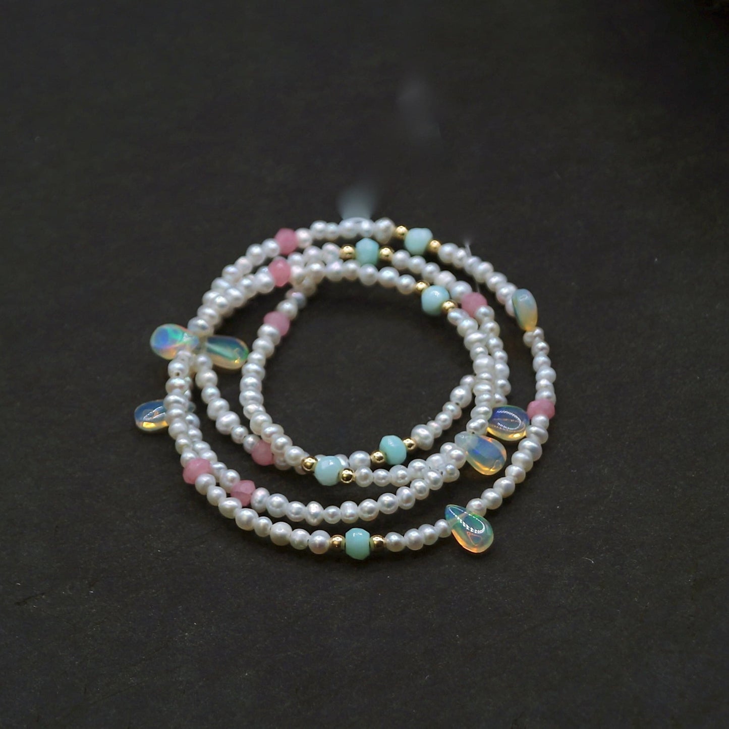 14K Solid Gold: Opal & Natural Pearl Bead Necklace|  Opals| Fine Jewelry| 2.5mm| Pastel Colors| Blue Pink Green