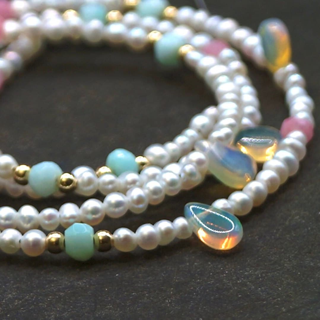 14K Solid Gold: Natural Pearl & Opal Bead Necklace| Rainbow Opals| Fine Jewelry| 2.5mm| Pastel Colors| Blue Pink Green| Bridal Necklace