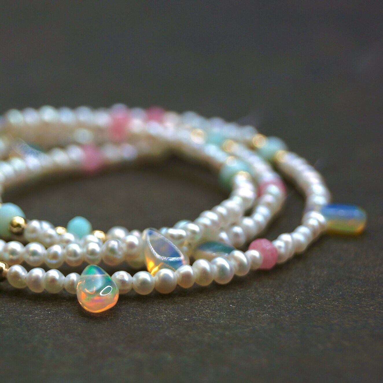 14K Solid Gold: Opal & Natural Pearl Bead Necklace|  Opals| Fine Jewelry| 2.5mm| Pastel Colors| Blue Pink Green