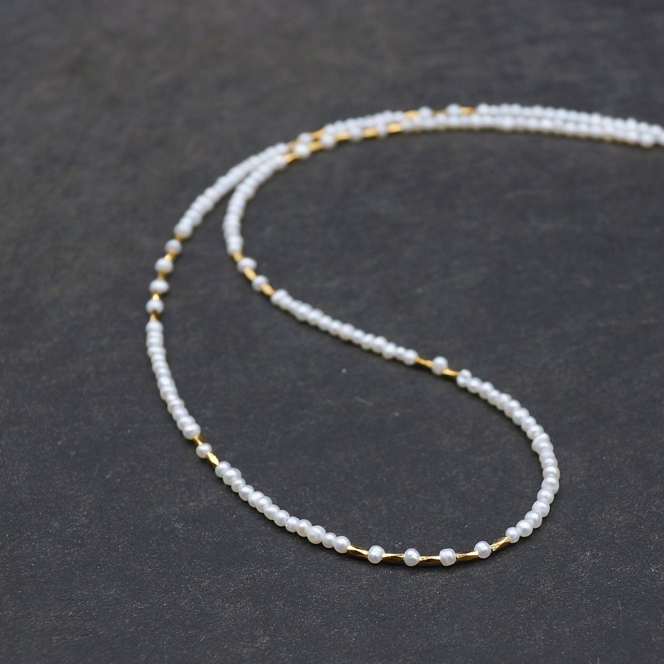 14K Solid Gold and Vermeil: Freshwater Pearl Beaded Necklace, Fine Jewelry, 2.5mm, Small Natural Pearl Necklace