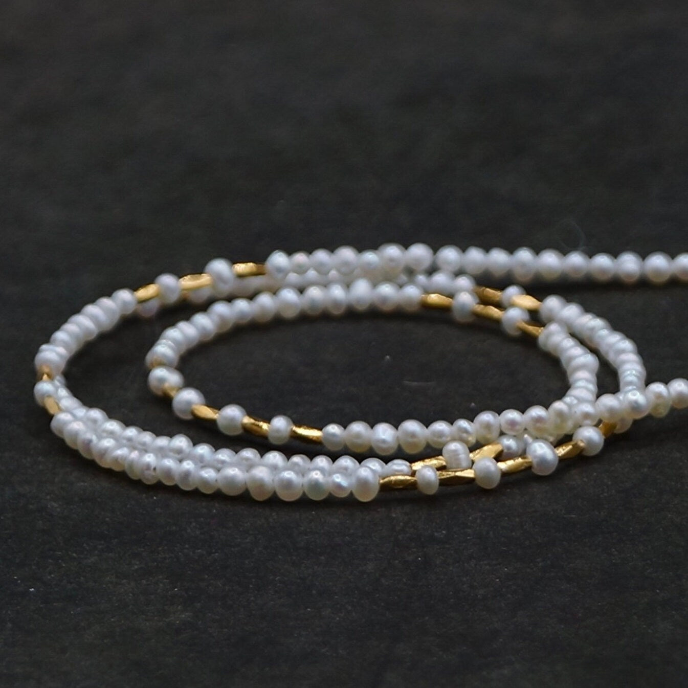 14K Solid Gold and Vermeil: Freshwater Pearl Beaded Necklace, Fine Jewelry, 2.5mm, Small Natural Pearl Necklace