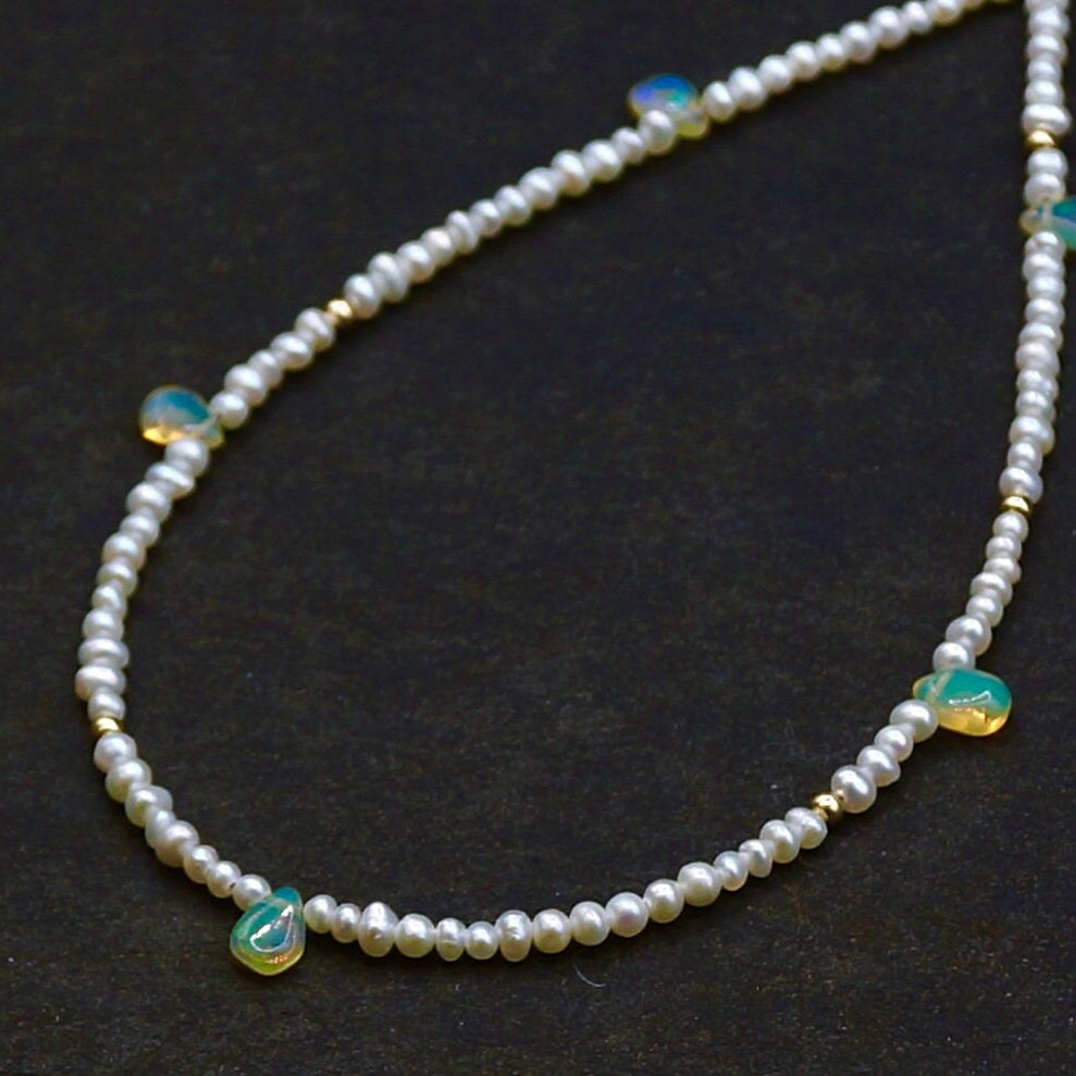 14K Solid Gold: Opal & Natural Pearl Beaded Necklace| Fine Jewelry, 2.5mm, Small Natural Pearl Necklace