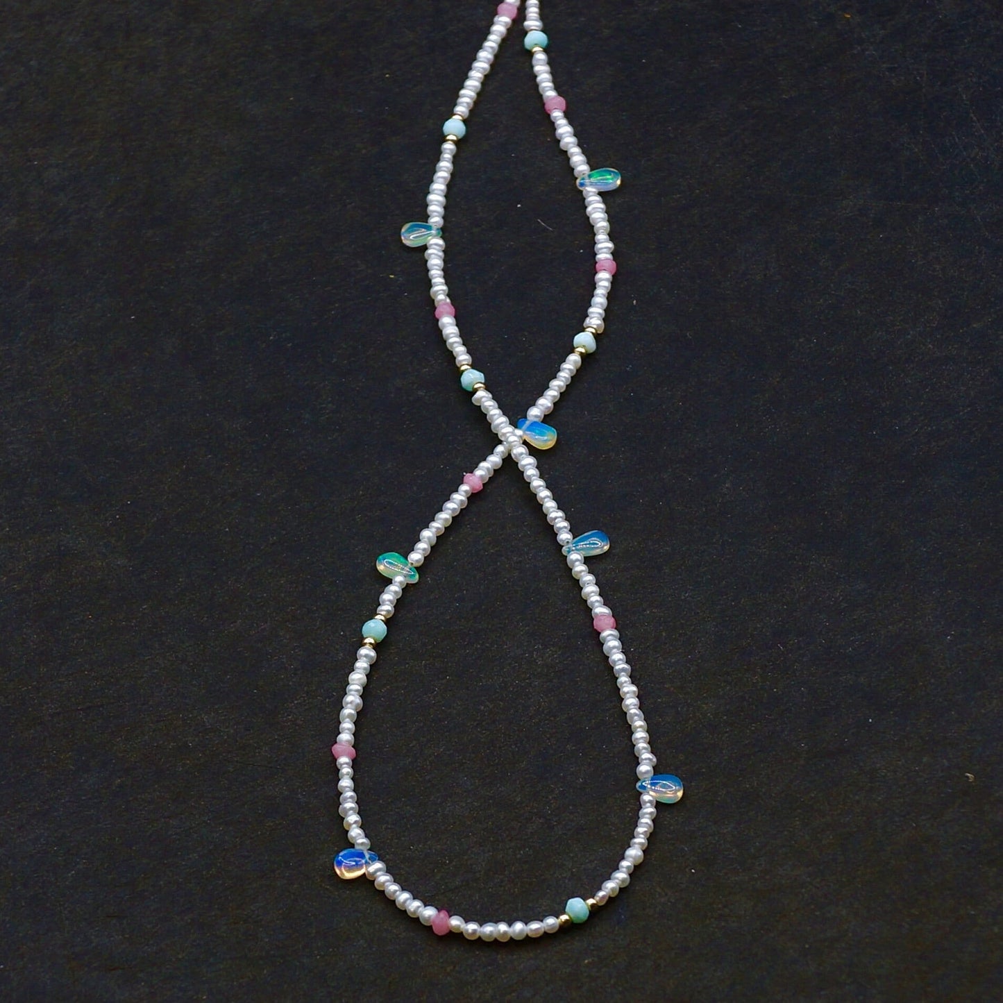 14K Solid Gold: Opal & Natural Pearl Bead Necklace|  Opals| Fine Jewelry| 2.5mm| Pastel Colors| Blue Pink Green