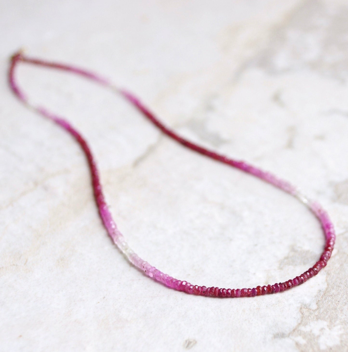 14K Solid Gold: Ombre Shaded Ruby Necklace, Very Skinny Beaded Necklace, October Birthstone, Red Ruby Fine Jewelry