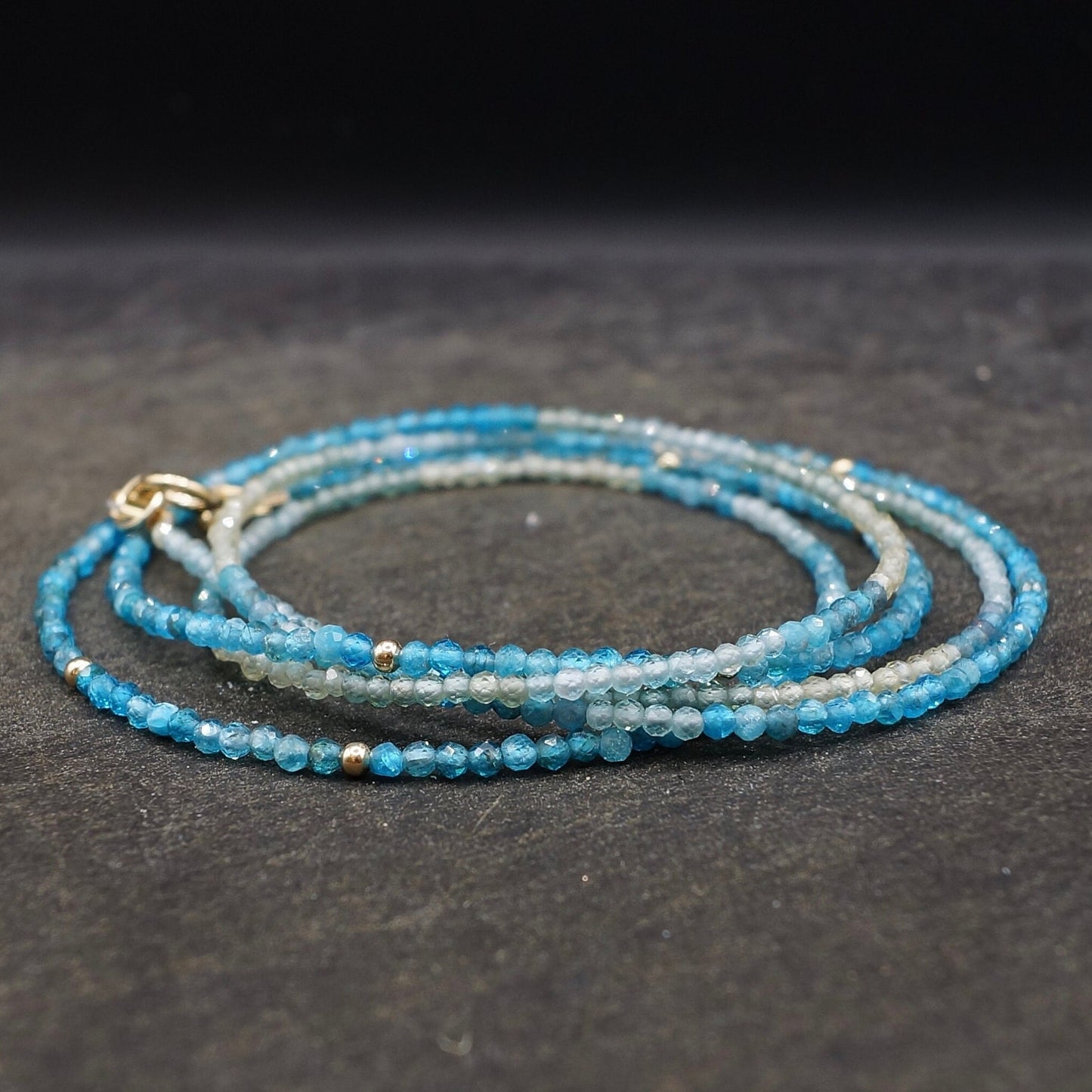 14K Solid Gold: 32" Apatite Beaded Necklace |2mm | Blue Apatite | Ombre | Shaded |fDainty Fine Jewelry| Layered | Long Necklace