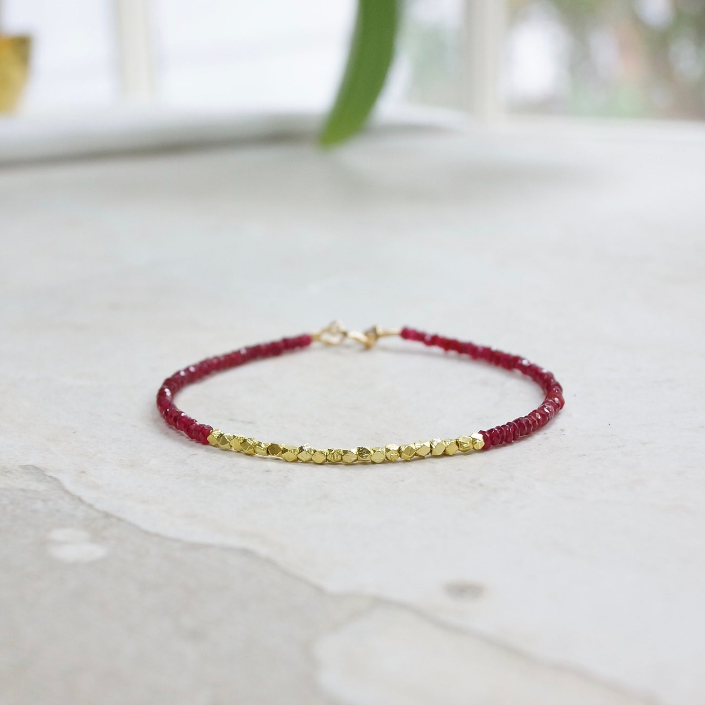 14K Solid Gold Ruby Beaded Bracelet | Real Red Ruby | Heavy Weight Hexagon Gold Beads | Delicate | Skinny | Natural Ruby | July Birthstone